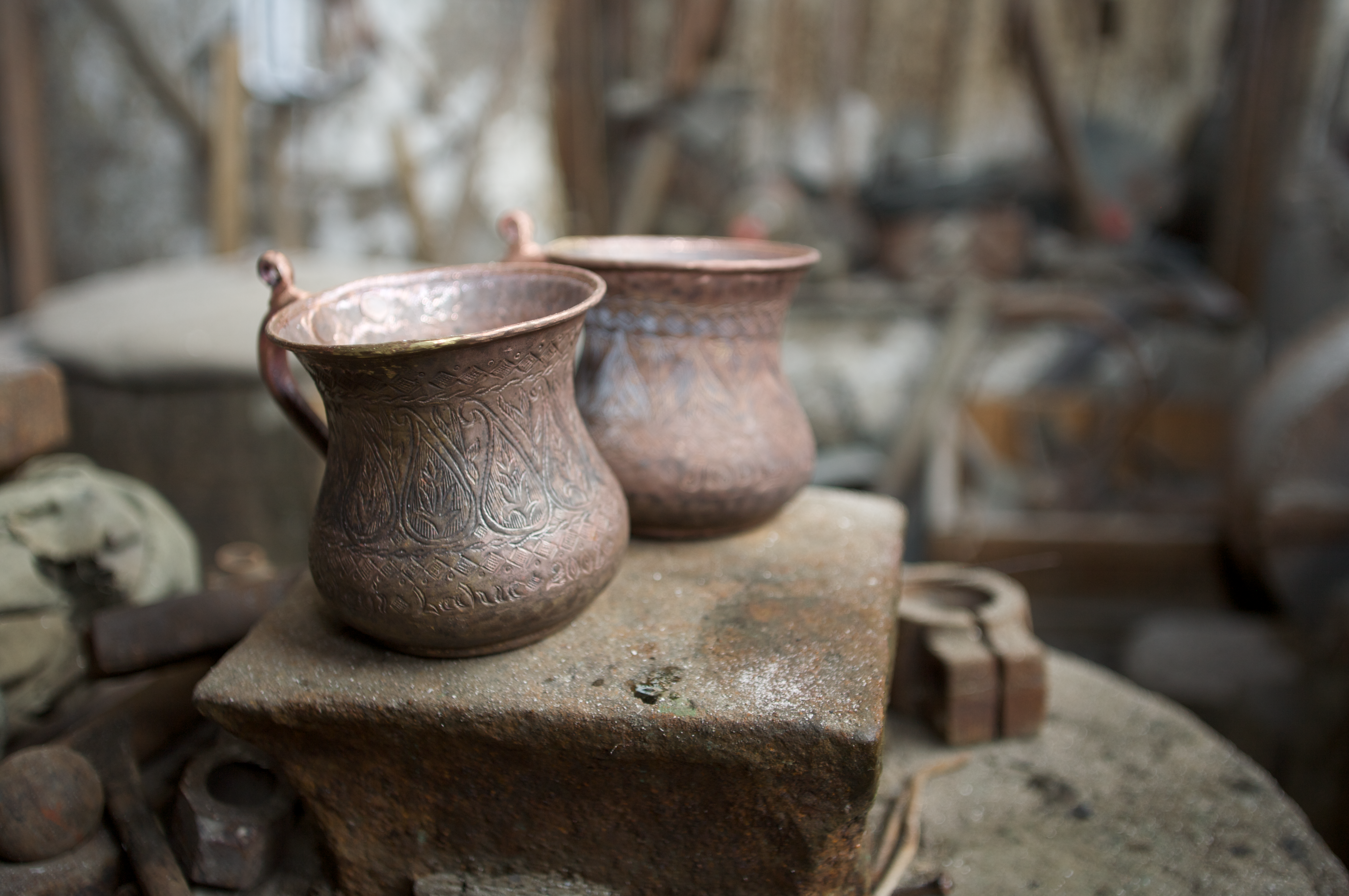 Handmade copperware from Lahij, a historic center for Azerbaijani crafts.