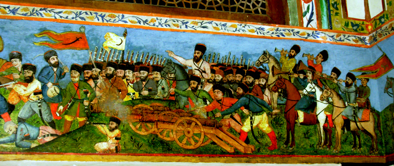 A miniature painting of a battle scene on the walls of the Palace of Shaki Khans, 18th century, city of Shaki.