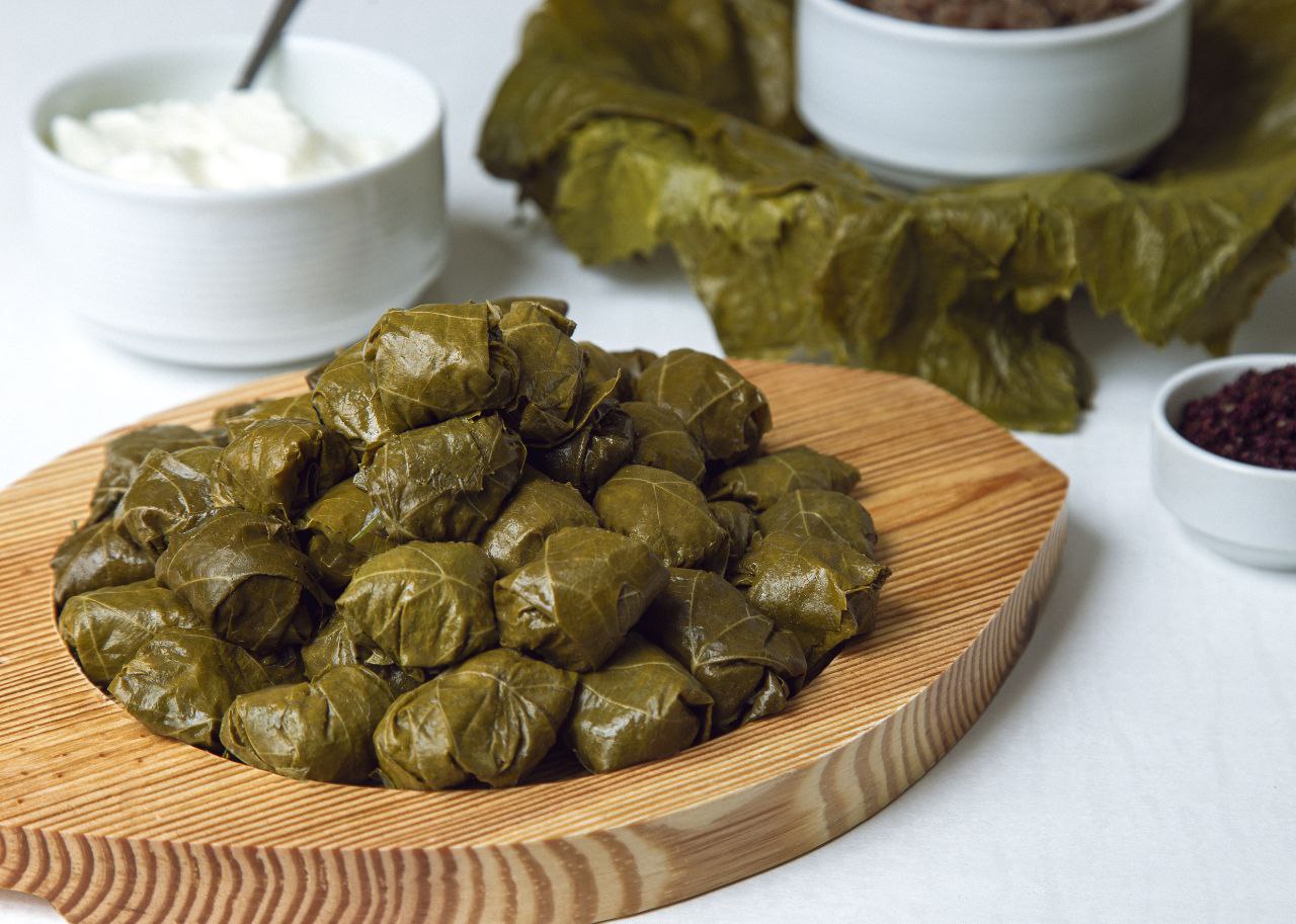 Dolma, a traditional Azerbaijani meal, often made with grape leaves or vegetables stuffed with minced meat and rice.