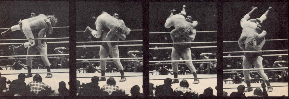 Roussimoff (bawah) bodyslam John Studd (atas) di Wrestlemania I