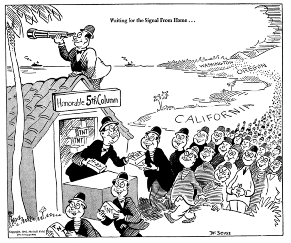 Kartun Dr. Seuss 1942 dengan kapsyen 'Menunggu Isyarat dari Rumah', yang menggambarkan warga Jepun-Amerika secara kontroversi.