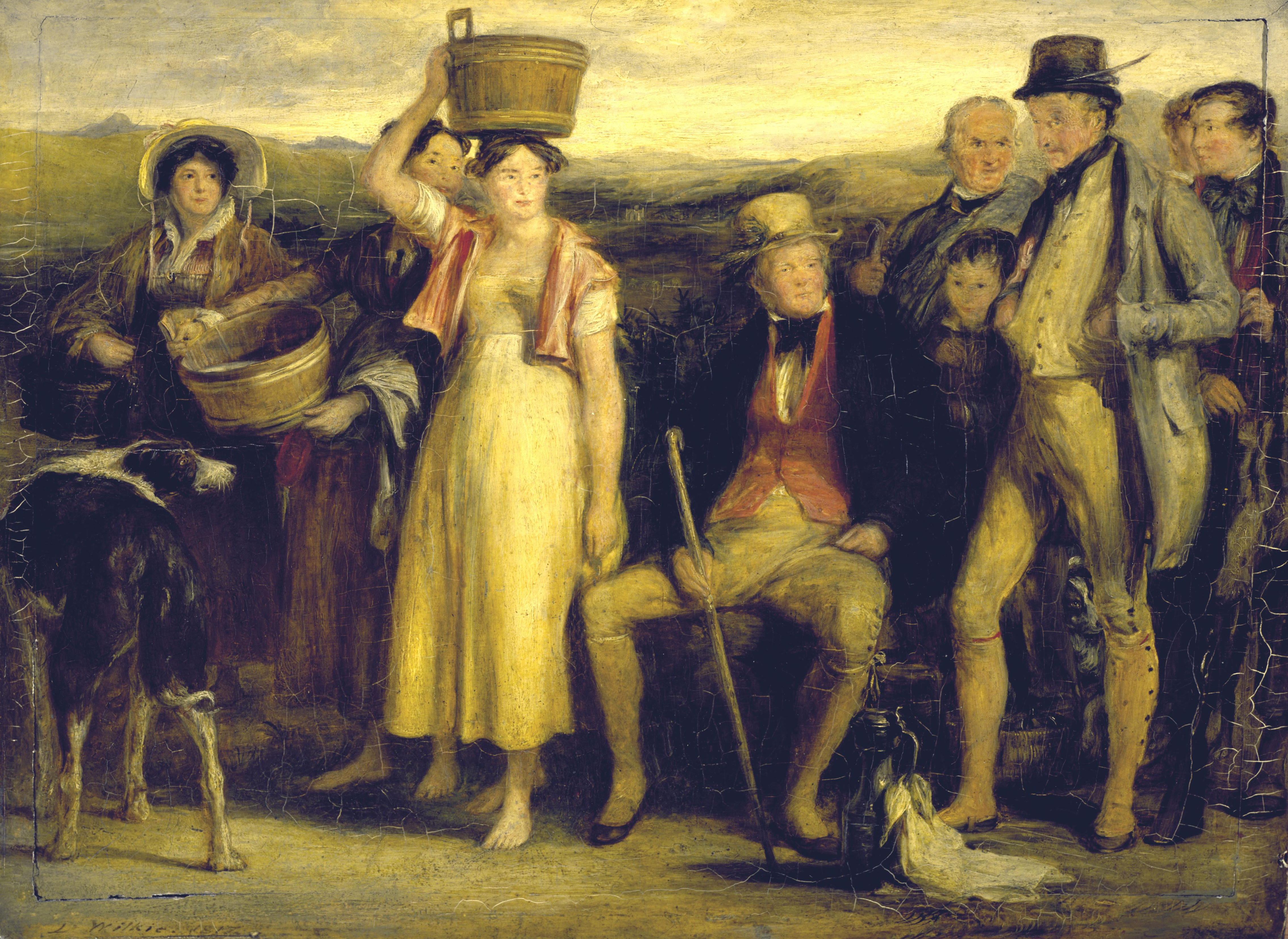 1817년 데이비드 윌키 경이 그린 애버츠퍼드 가족 그림. 스콧과 그의 가족이 시골 사람처럼 옷을 입고 있으며, 그의 아내와 두 딸은 우유 짜는 여인처럼 옷을 입고 있다.