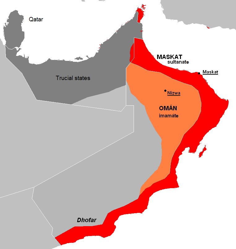 Pemisahan antara wilayah pedalaman (oranye) dan wilayah pesisir (merah) Oman dan Muskat.