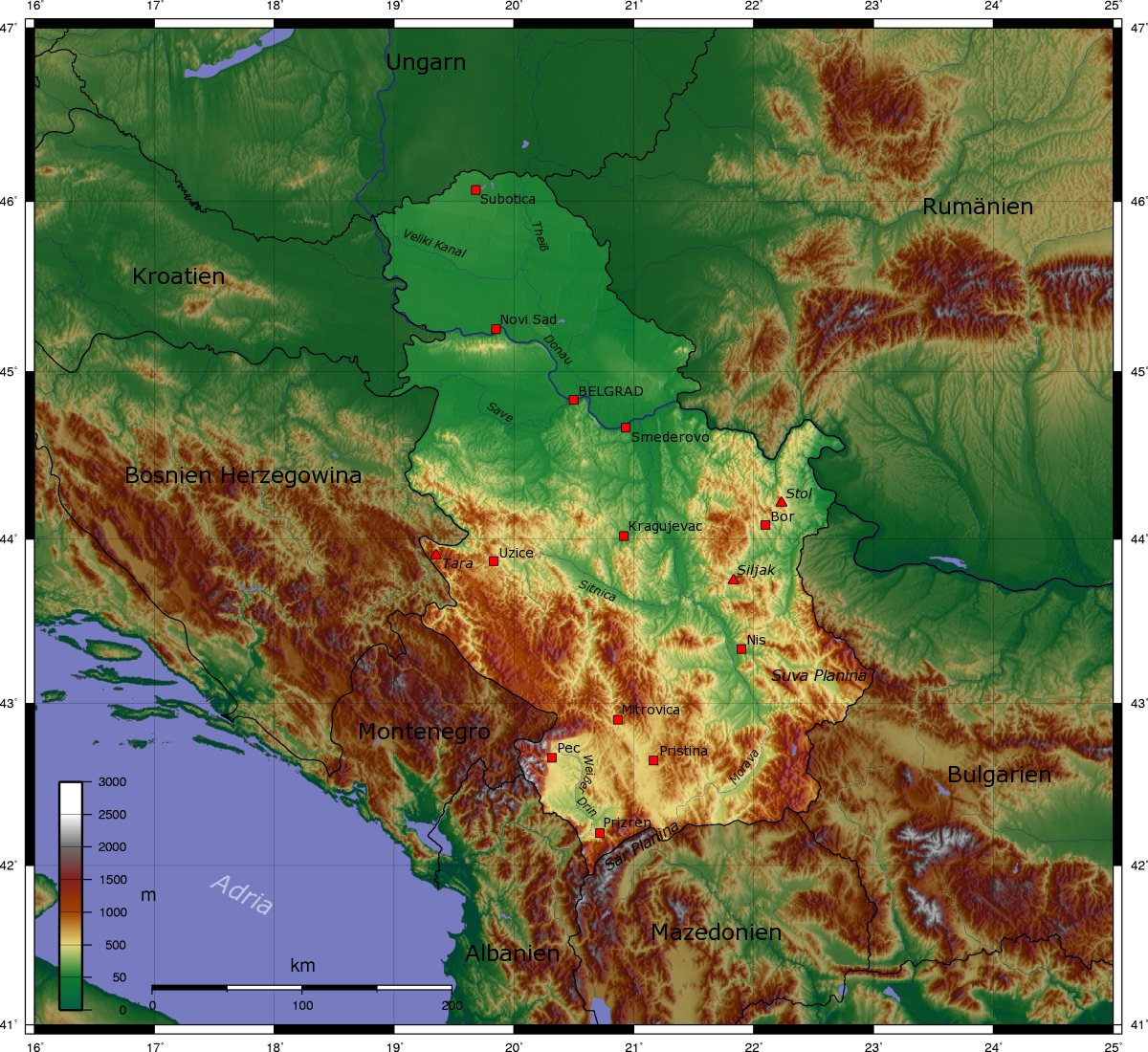 Peta topografi Serbia (Termasuk wilayah sengketa Kosovo).