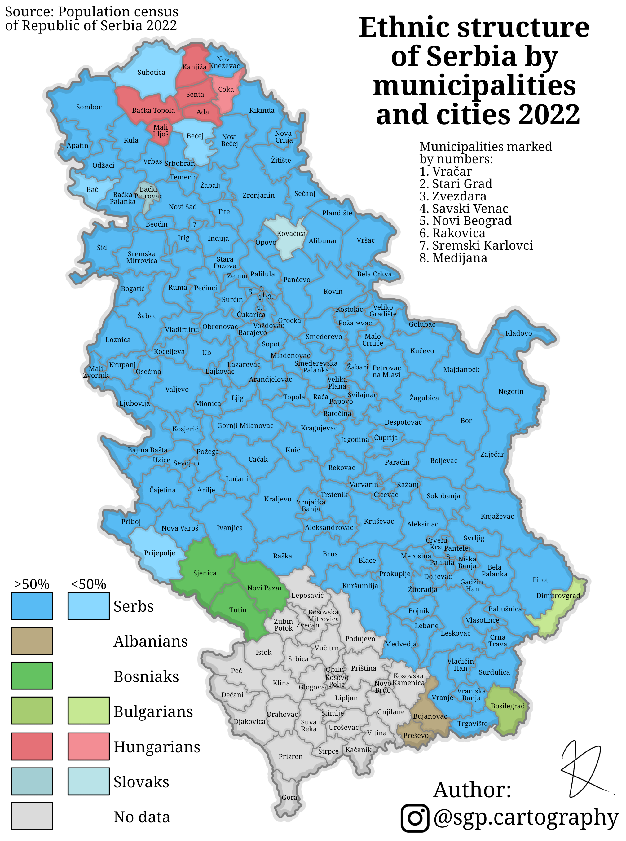 Struktur etnis Serbia berdasarkan munisipalitas dan kota pada tahun 2022 (Termasuk wilayah sengketa Kosovo.)
