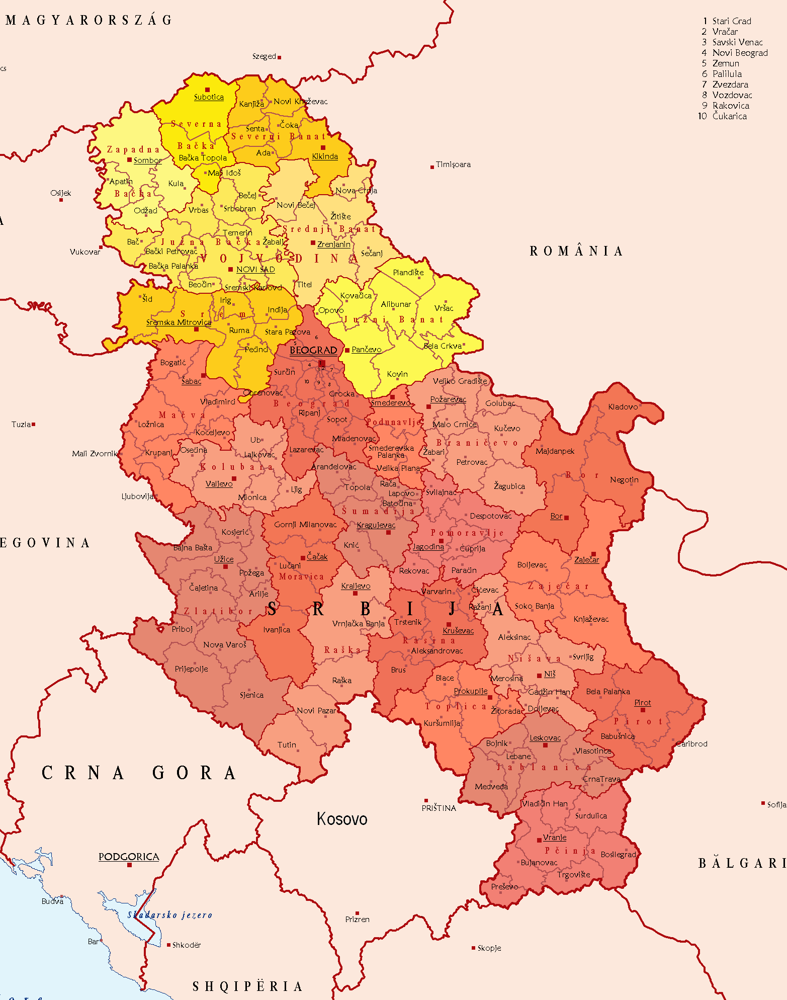 Map of Serbian districts and municipalities, excluding Kosovo.