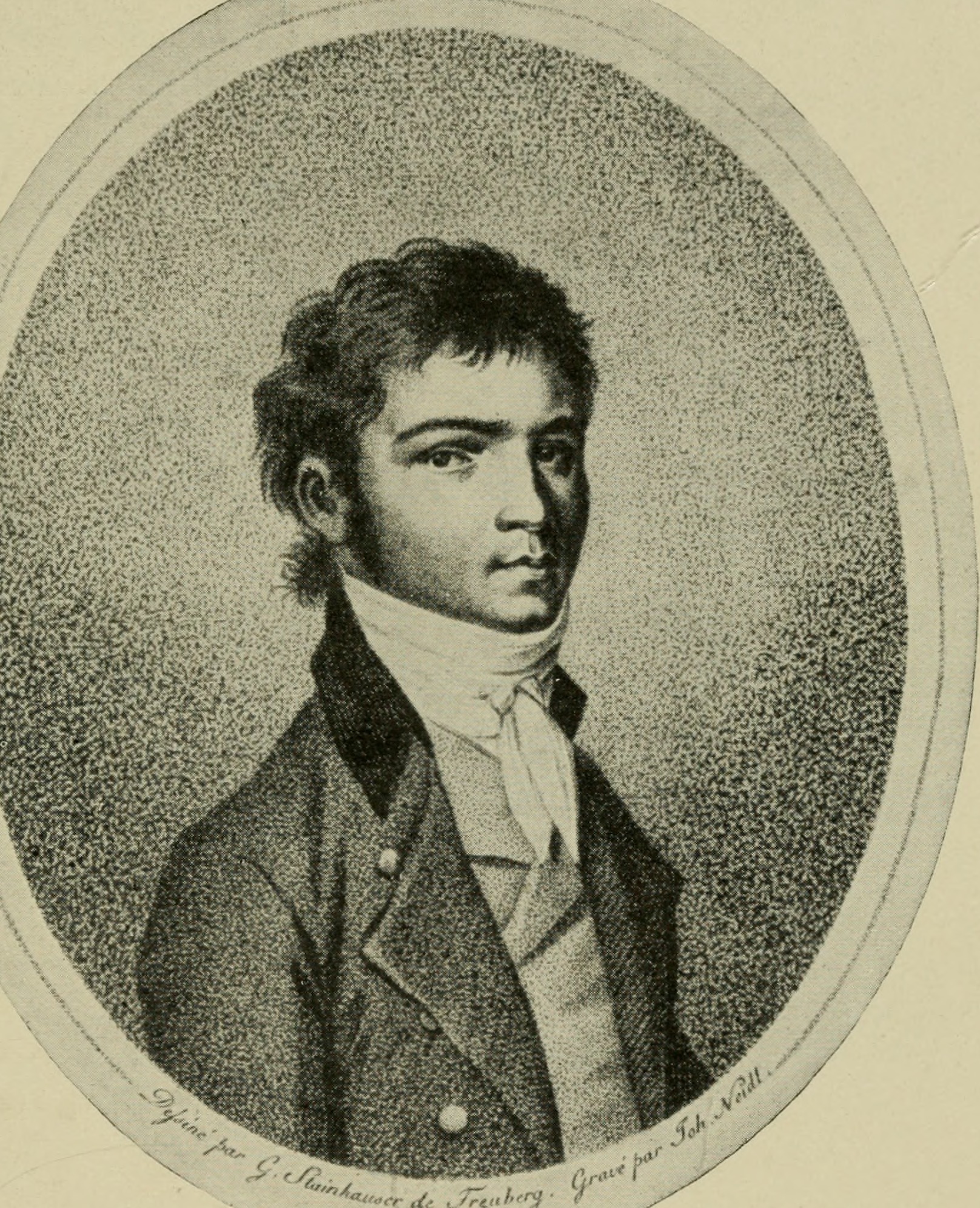 Bức chân dung sớm nhất được biết đến của Beethoven; bản khắc năm 1801 của Johann Joseph Neidl dựa trên bức chân dung bị thất lạc của Gandolph Ernst Stainhauser von Treuberg, khoảng 1800.