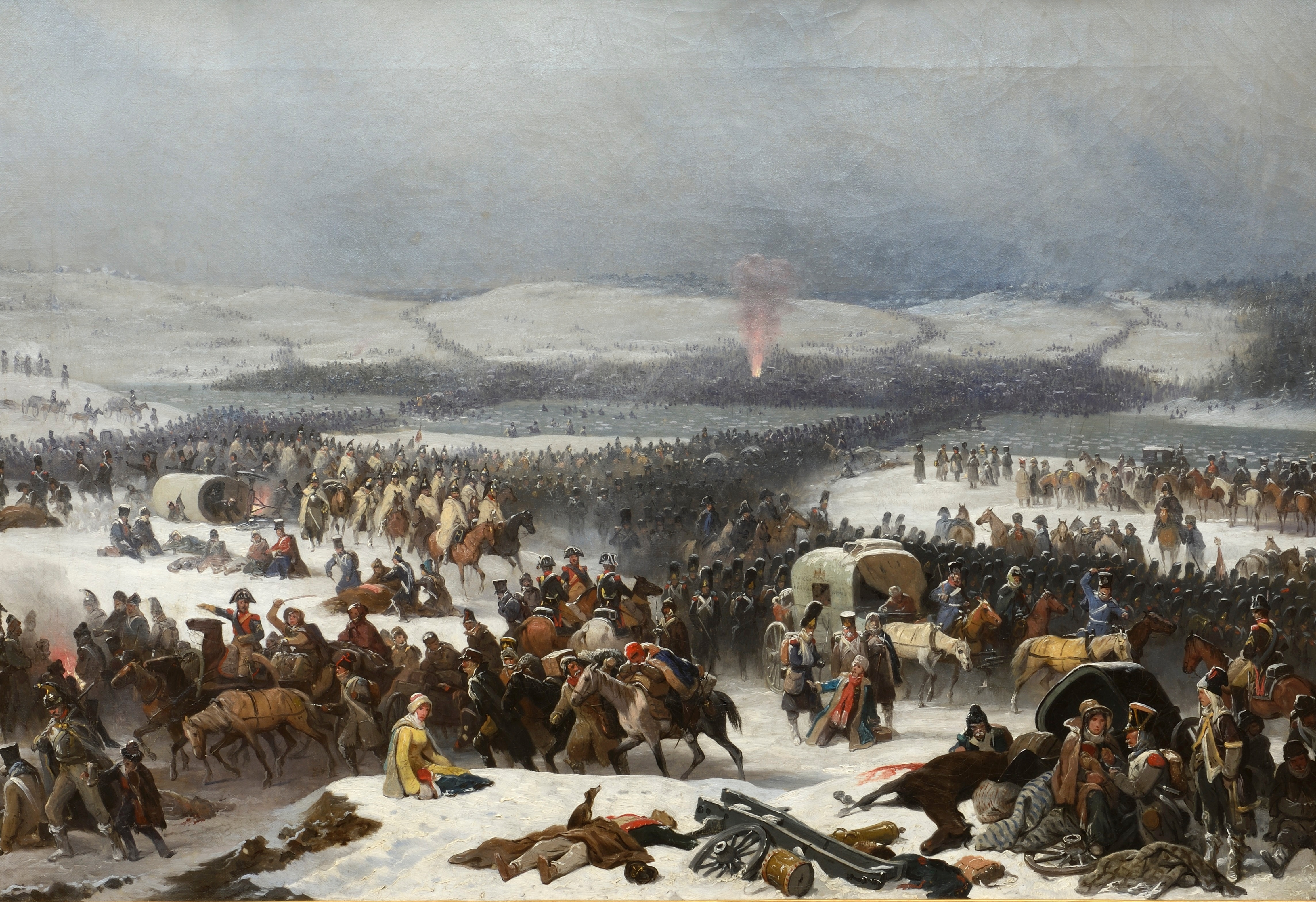 Napoleon's Grande Armée retreating after his invasion of Russia and crossing the Berezina river (near Barysaw, Belarus).