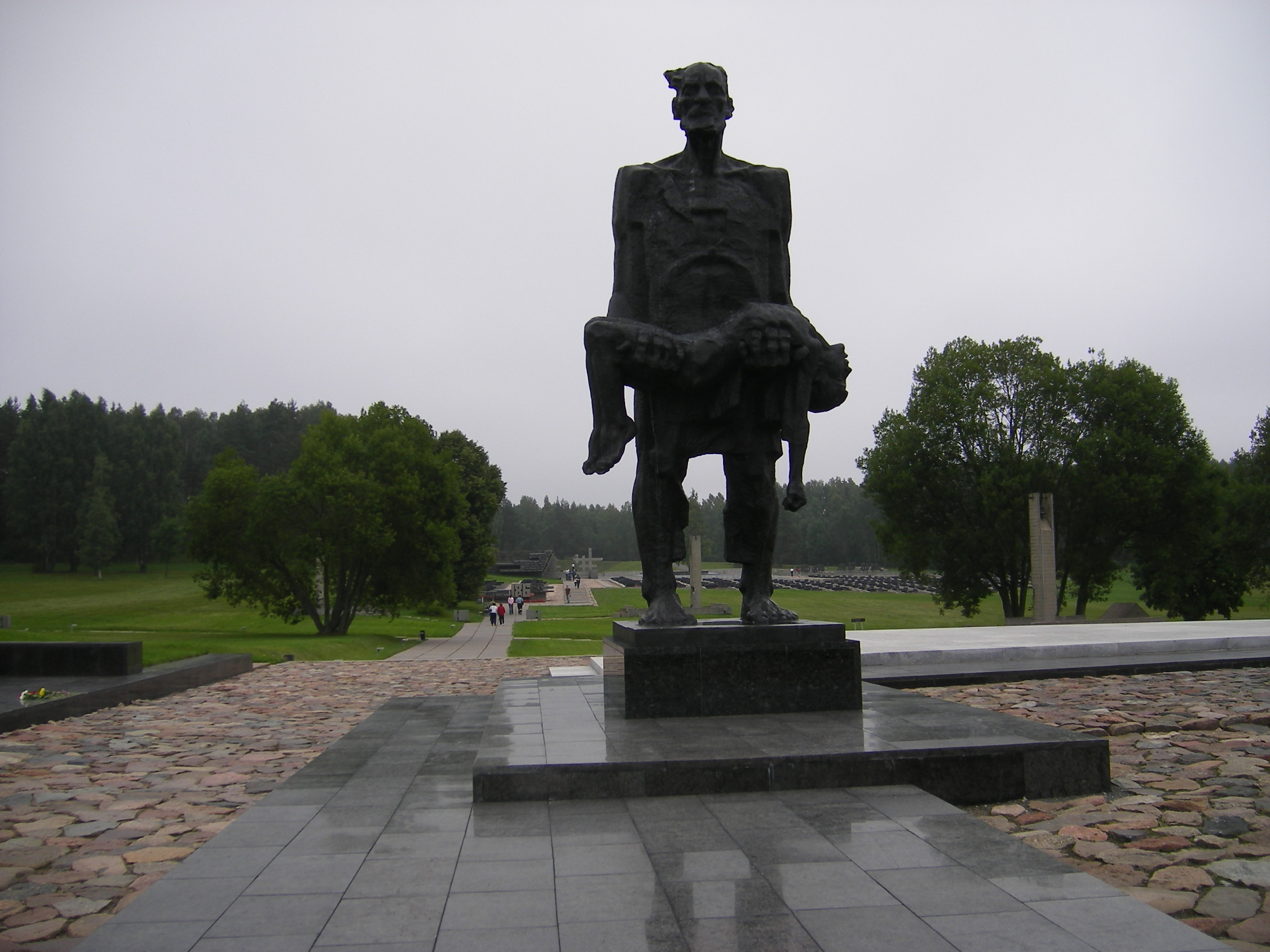 The Khatyn Memorial commemorates the village of Khatyn, which was destroyed and its inhabitants massacred by German forces and collaborators in March 1943. During World War II, an estimated 5,295 localities in occupied Soviet Belarus suffered similar fates, with civilians murdered by the Nazis.