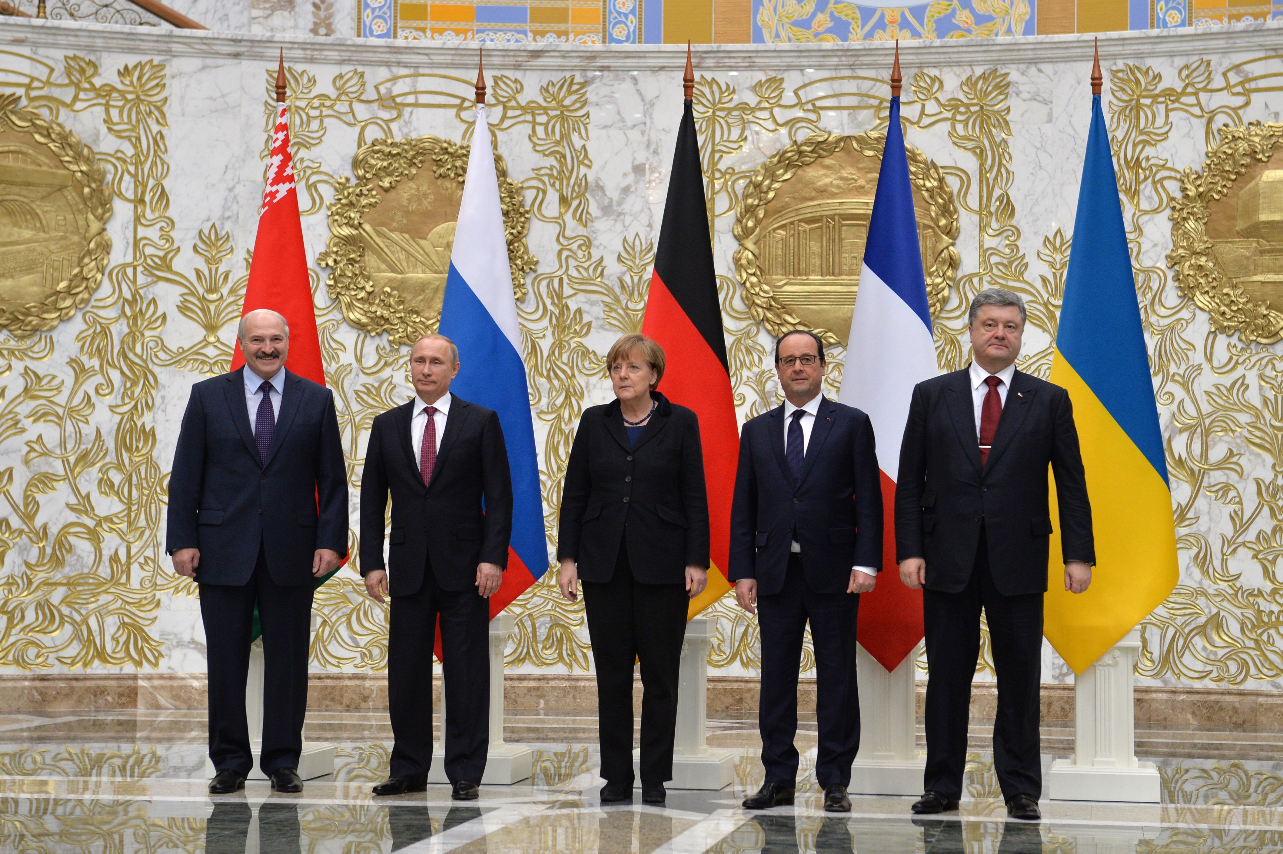 Leaders of Belarus, Russia, Germany, France, and Ukraine at the summit in Minsk regarding the conflict in Ukraine, 11-12 February 2015. Minsk has served as a venue for international negotiations.