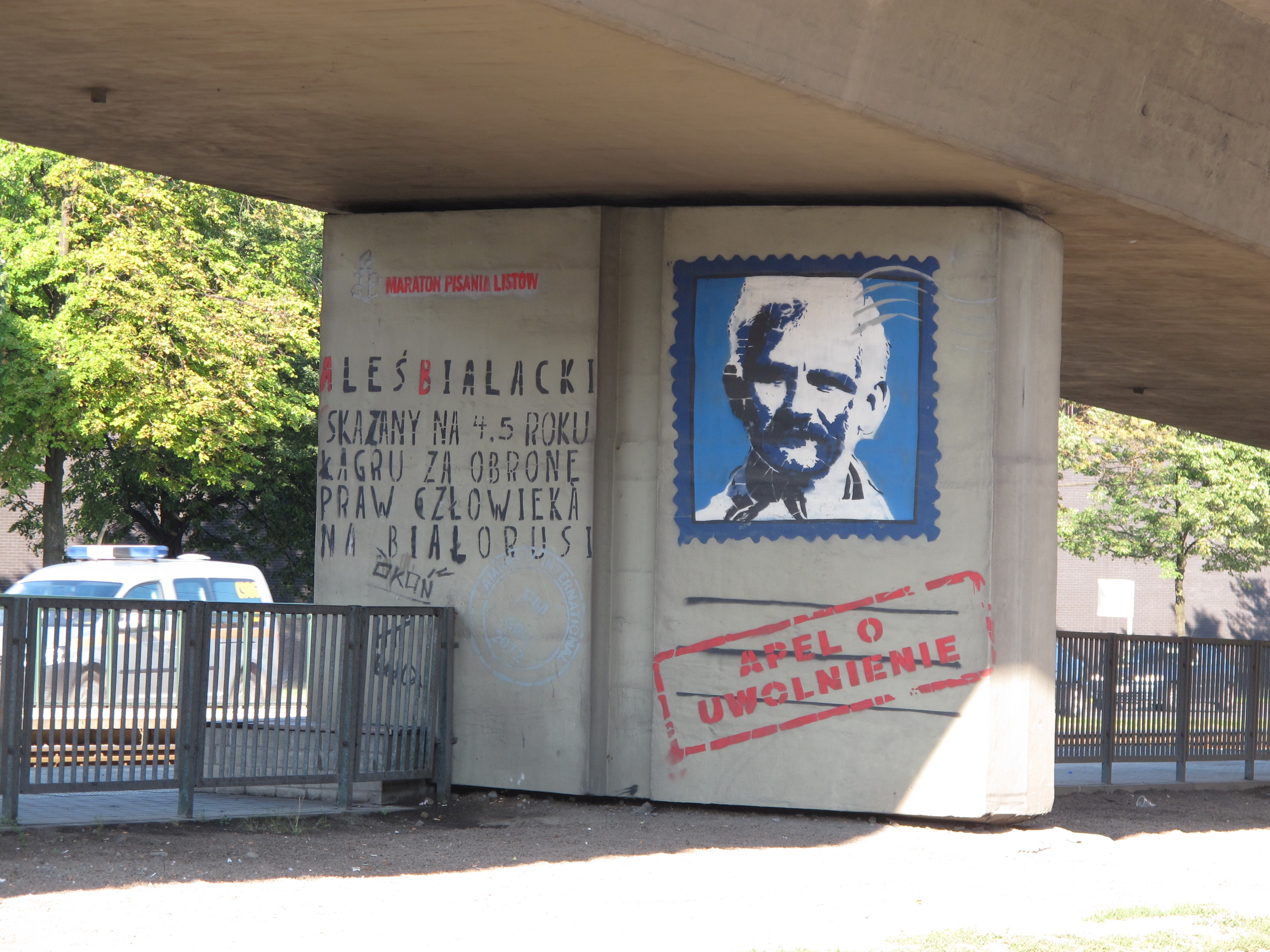 Graffiti in Gdańsk depicting Belarusian human rights activist and Nobel Peace Prize laureate Ales Bialiatski.