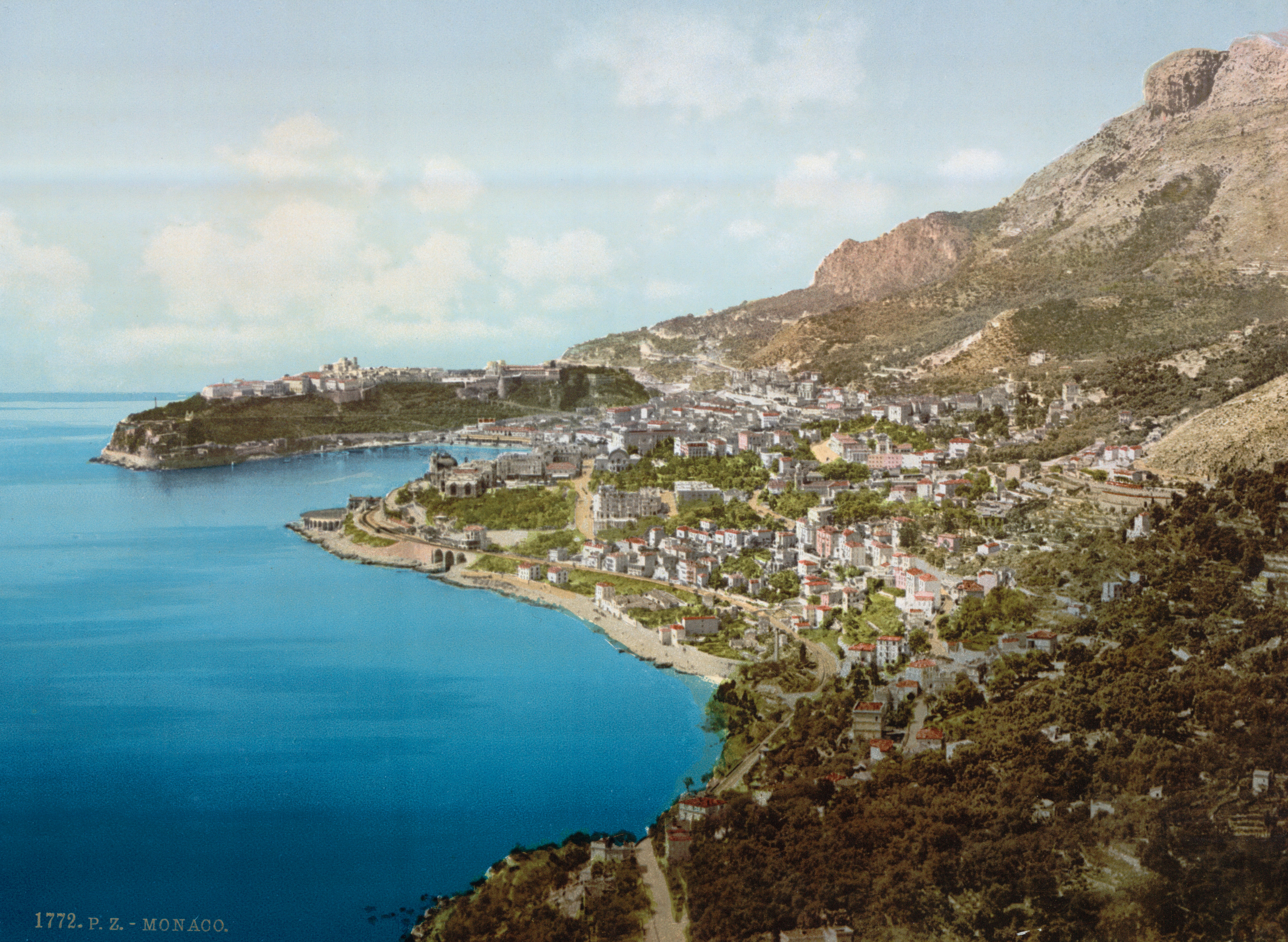 Photochrom print of Monaco, circa 1900, showing the harbor and Monaco-Ville.