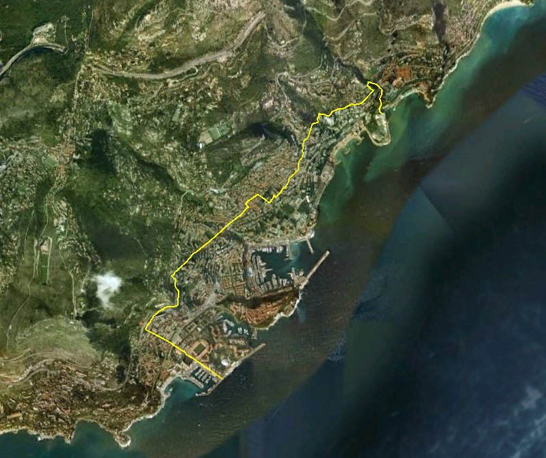 Satellite view of Monaco, with the France-Monaco border shown in yellow.
