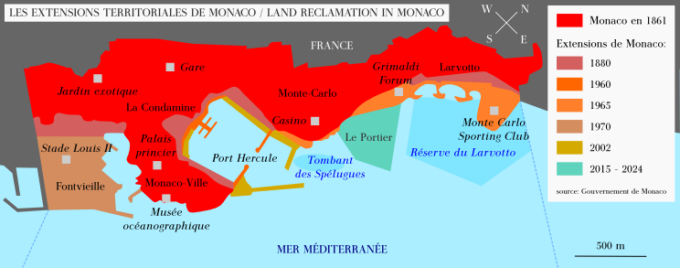 Land reclamation in Monaco since 1861, showing the progressive expansion of its territory into the sea.
