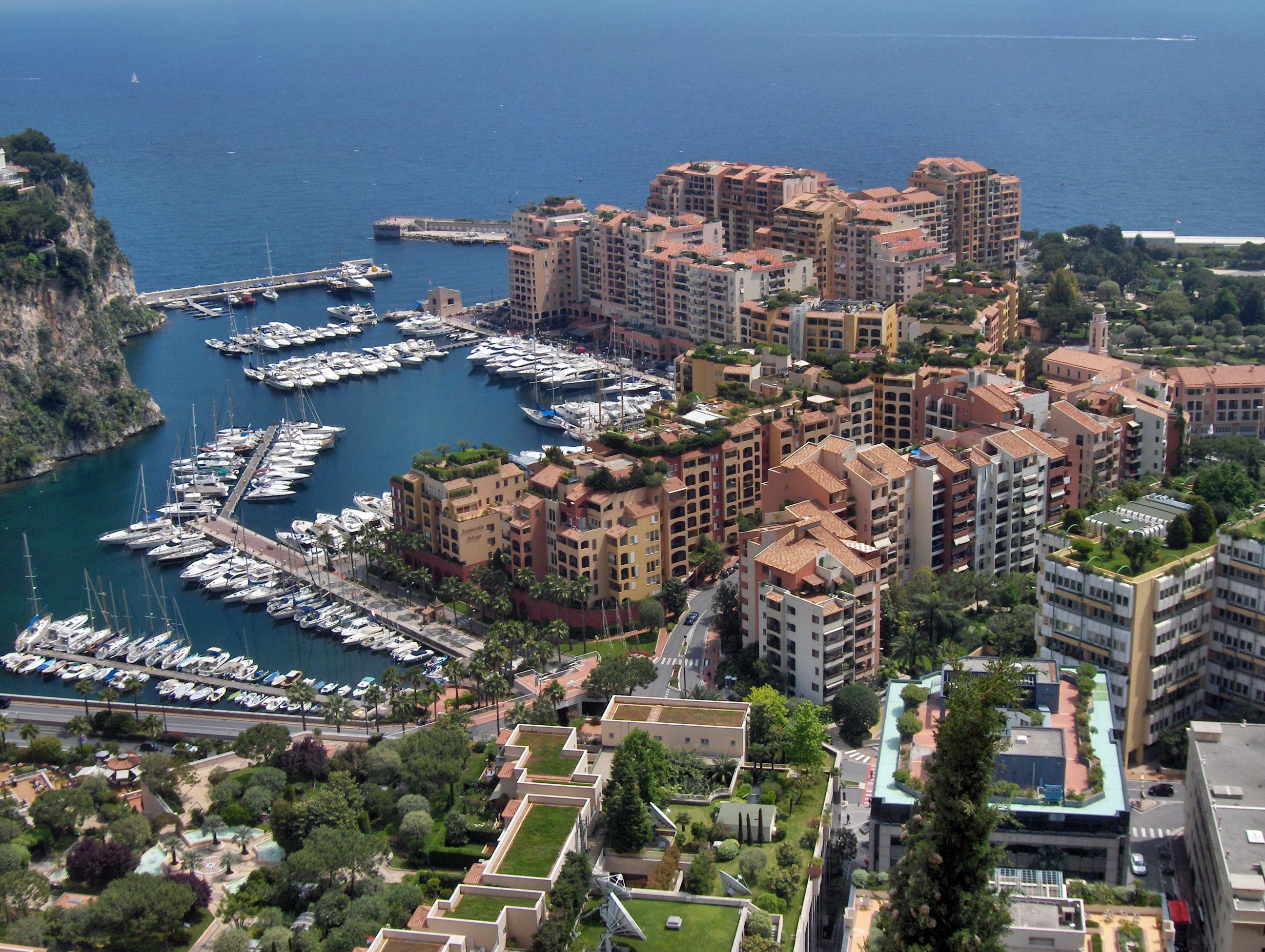 Fontvieille district and its harbour, an area largely built on reclaimed land, housing residential areas and light industries.