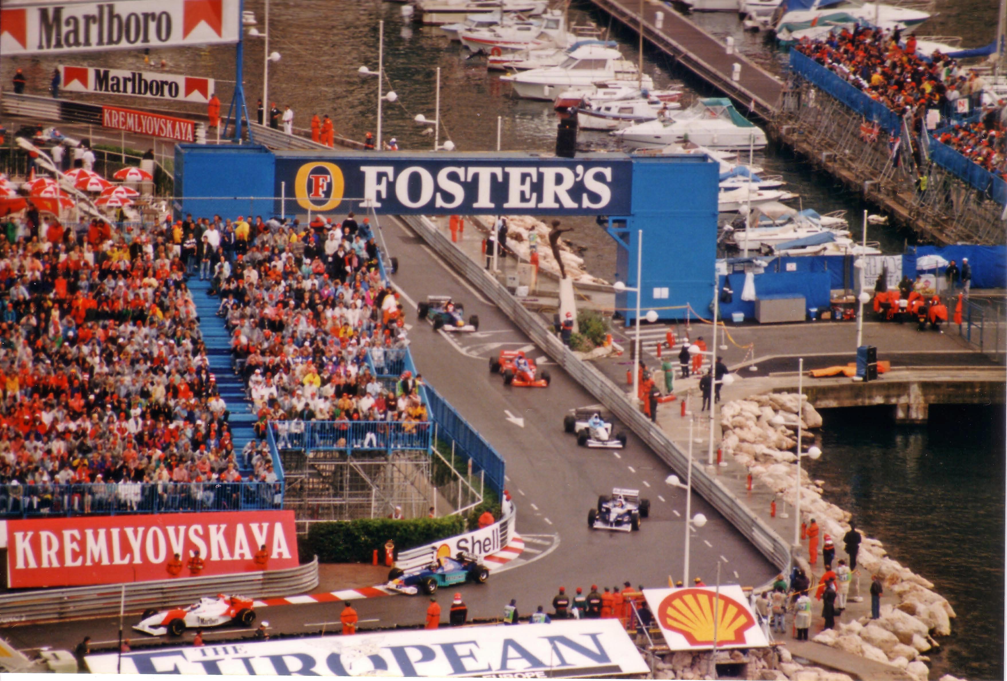 Formation lap for the 1996 Monaco Grand Prix on the iconic Circuit de Monaco.