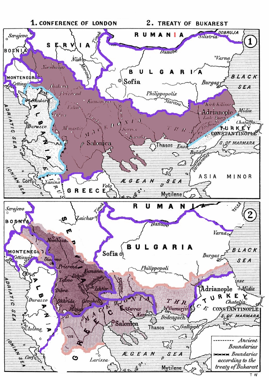 Pembagian wilayah Utsmaniyah di Eropa (termasuk wilayah Makedonia) setelah Perang Balkan sesuai dengan Perjanjian Bukares