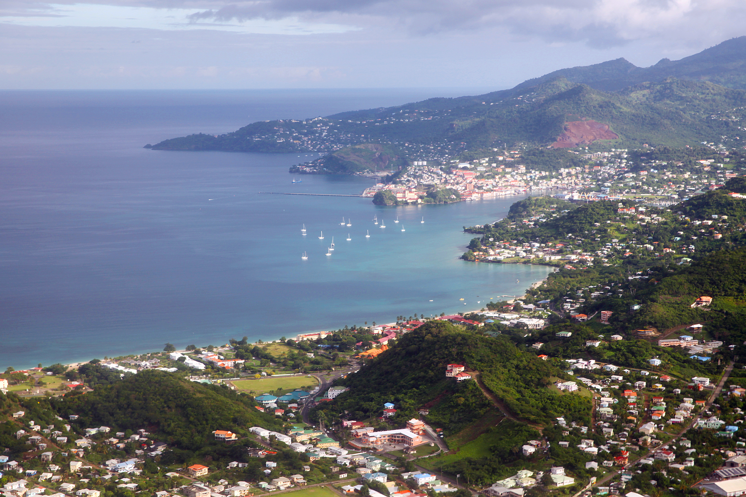 An aerial photo of St. George's, the capital, and its Carenage harbour