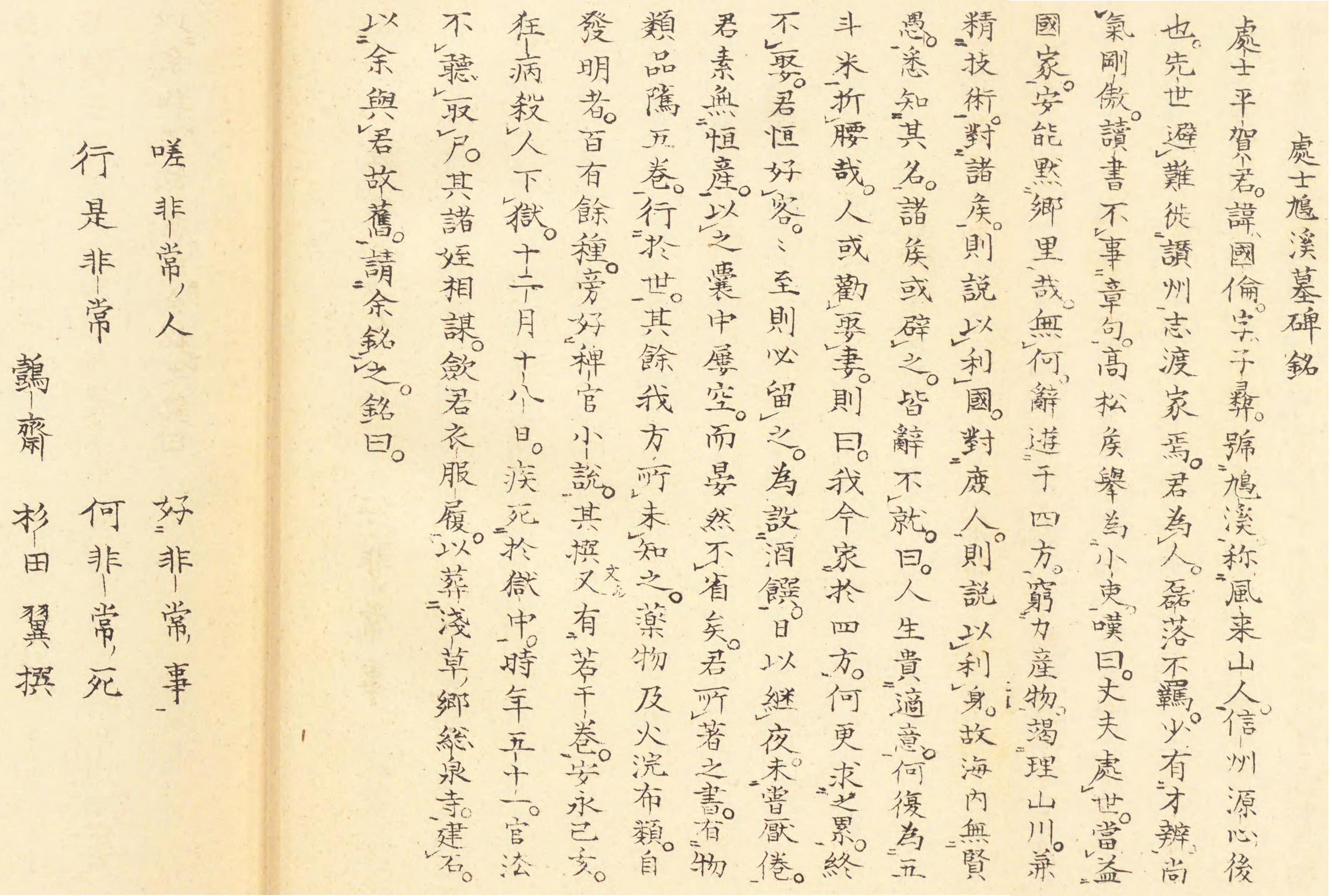 스기타 겐파쿠가 작성한 '처사구계묘비명'. 『희작자고보유』에서.