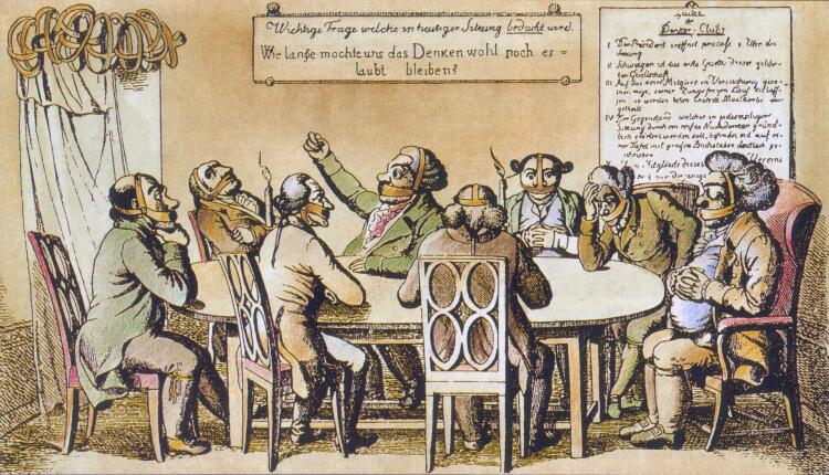 카를스바트 결의가 강요한 언론과 자유로운 표현에 대한 새로운 제한을 조롱하는 동시대 석판화. 테이블 뒤 벽에 걸린 표지판에는 다음과 같이 적혀 있다: 