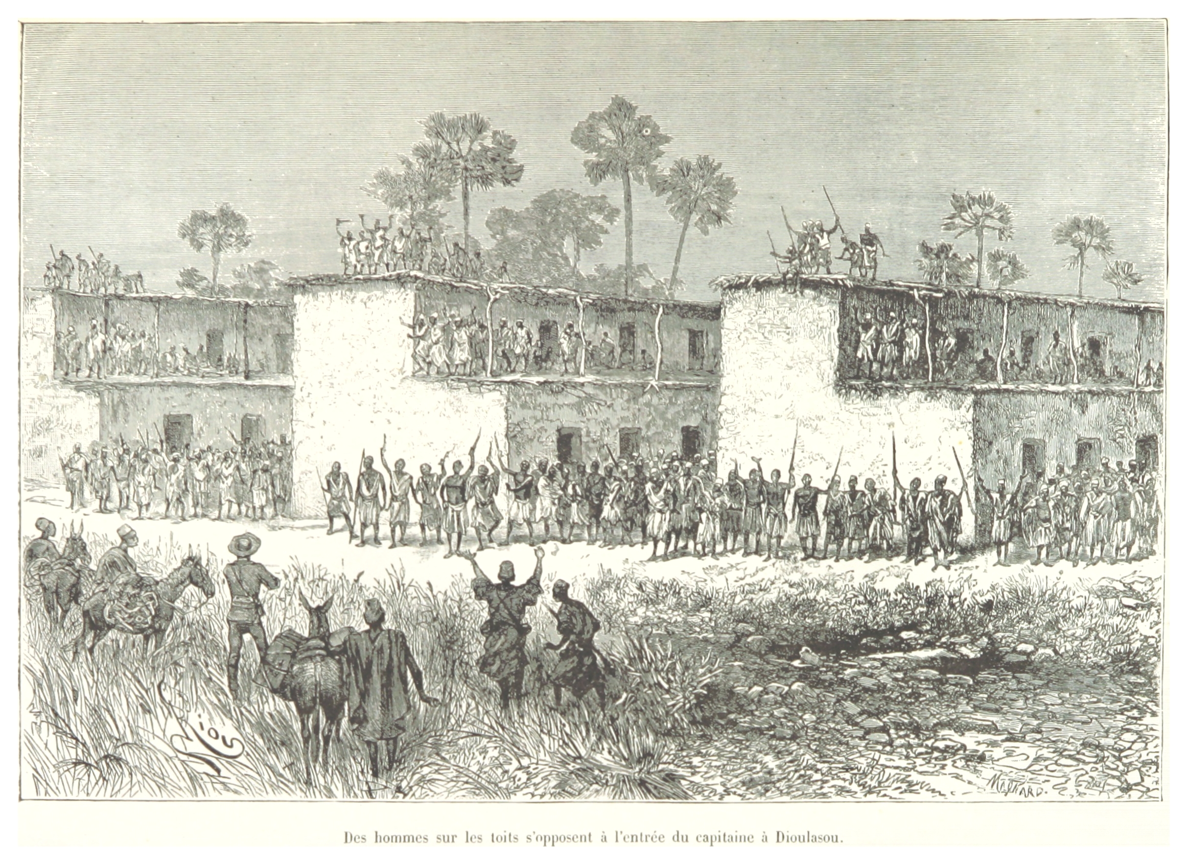Orang-orang bersenjata mencegah penjelajah Prancis Louis-Gustave Binger memasuki Sia (Bobo-Dioulasso) selama kunjungannya pada bulan April 1892.