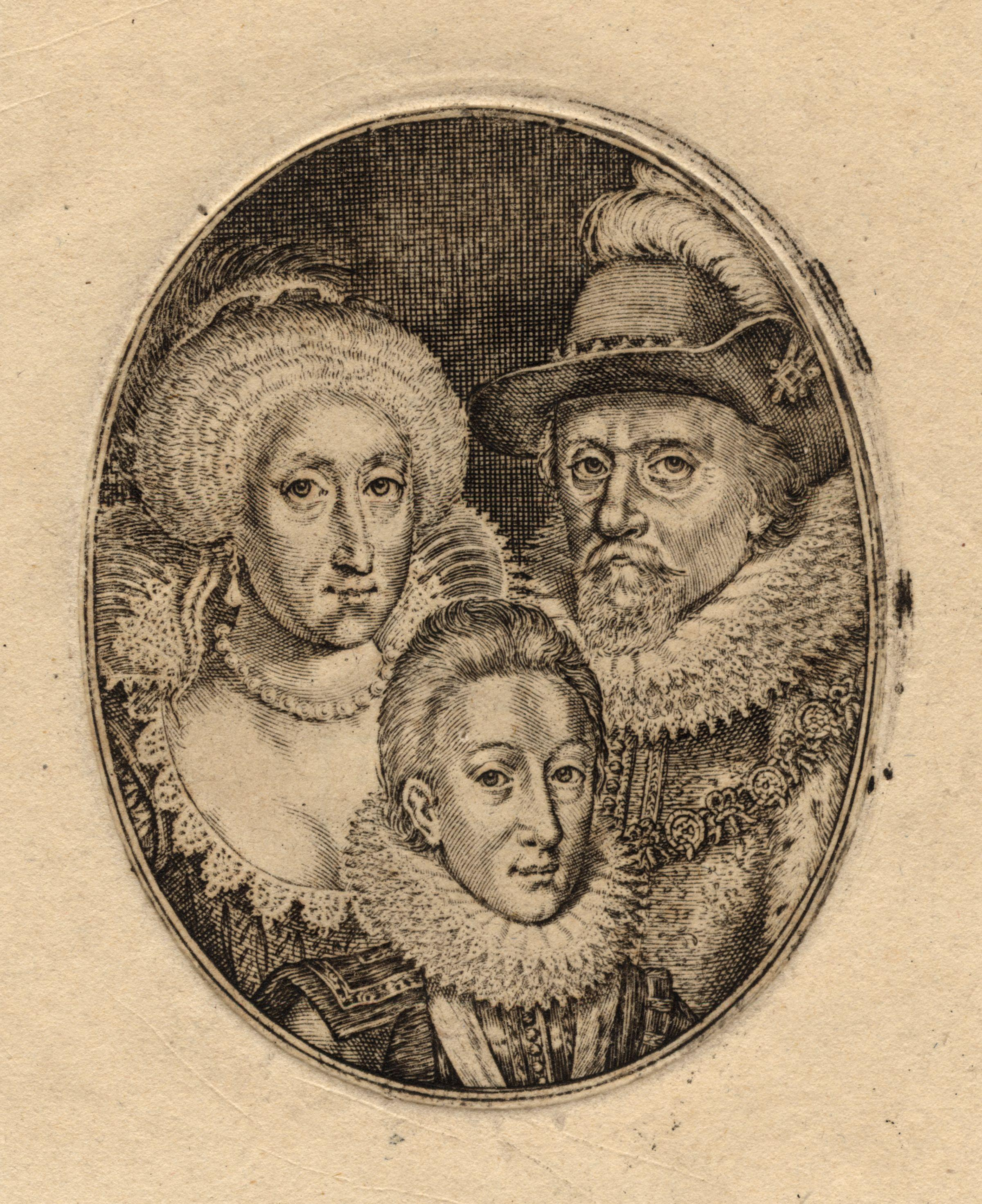 Tranh khắc của Simon de Passe về Charles cùng song thân, Vua James và Vương hậu Anne, c. 1612