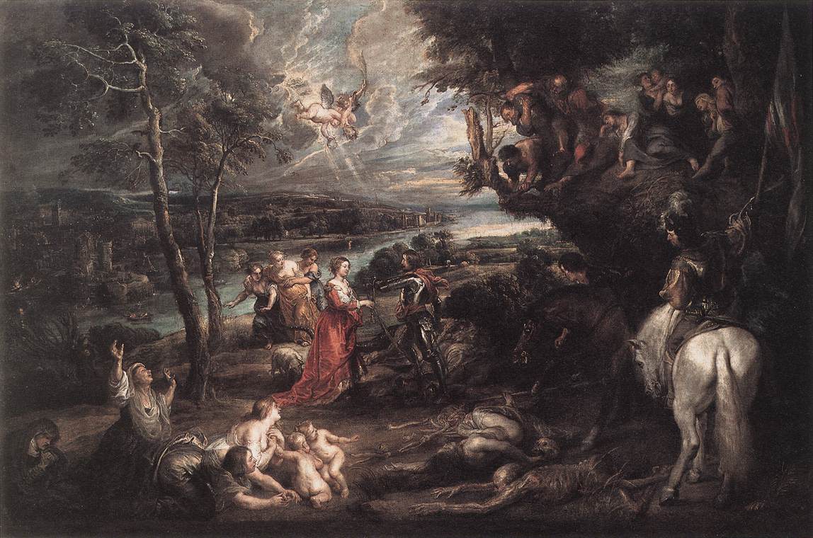 Rubens miêu tả Charles là một Thánh George chiến thắng và hào hiệp trong một phong cảnh Anh, 1629-30.