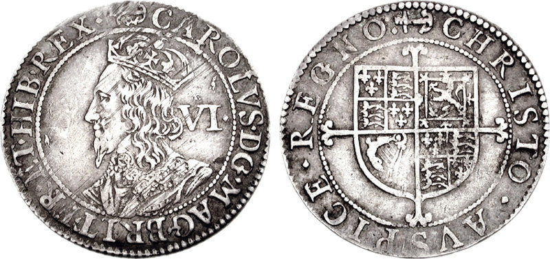 Đồng Sixpence của Charles I, khắc chữ: CAROLUS D(EI) G(RATIA) MAG(NAE) BRIT(ANNIAE) FR(ANCIAE) ET HIB(ERNIAE) REX (