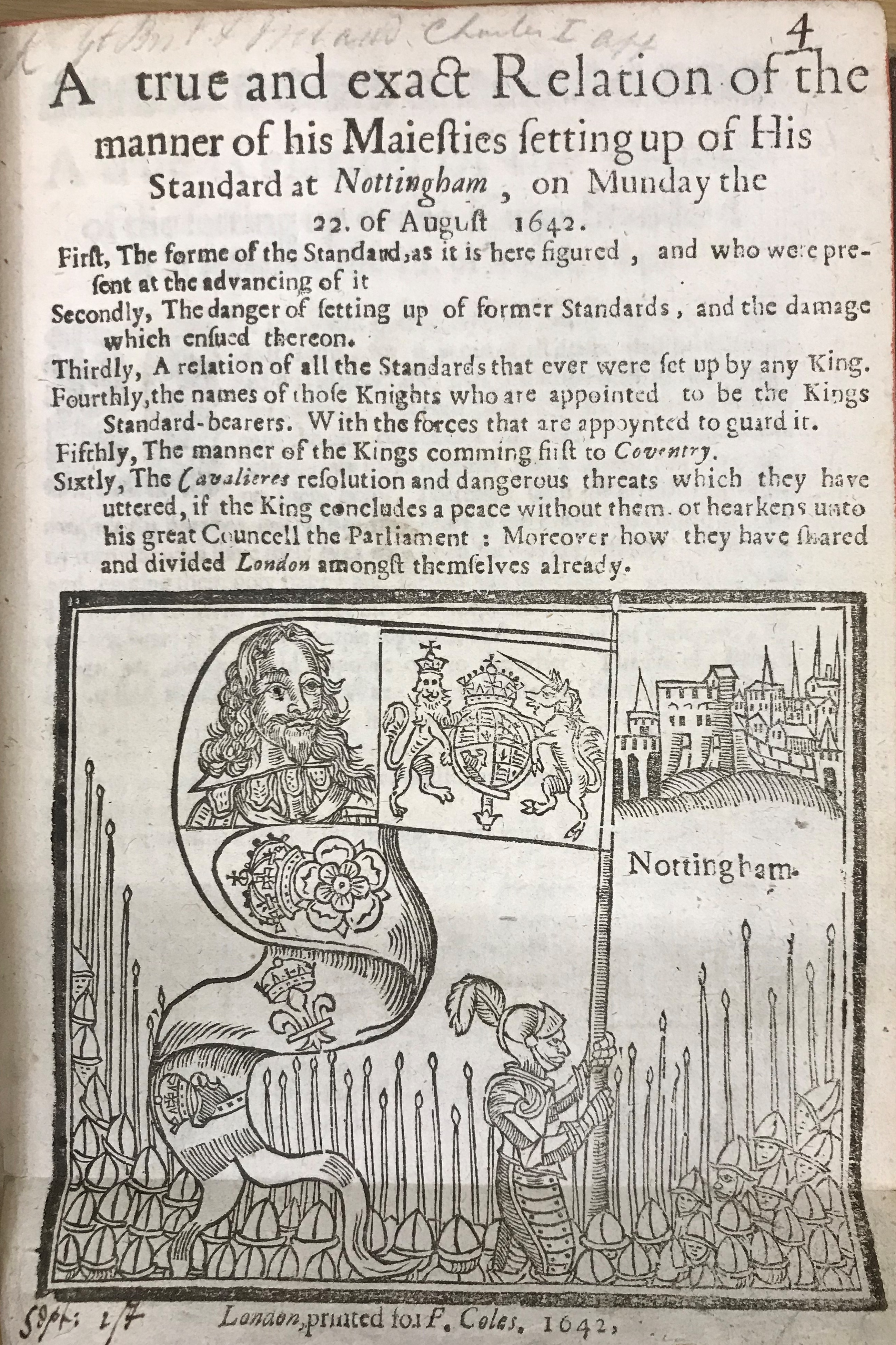 Tài liệu Nghị viện miêu tả Charles giương cao ngọn cờ hoàng gia tại Nottingham vào ngày 22 tháng 8 năm 1642