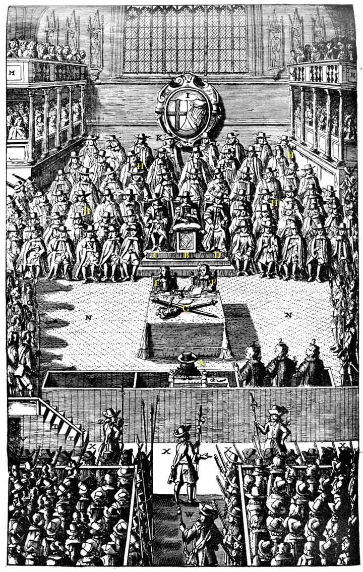 Charles (quay lưng lại với những người chứng kiến) trước tòa đại hình, 1649