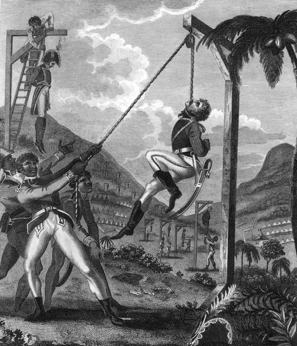 Haitians exacting revenge on French soldiers, illustrating the brutality of the conflict.