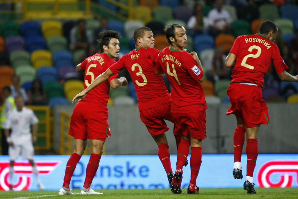 Pepe (number 3) with Portugal during a 2010 FIFA World Cup qualifier against Denmark in 2008