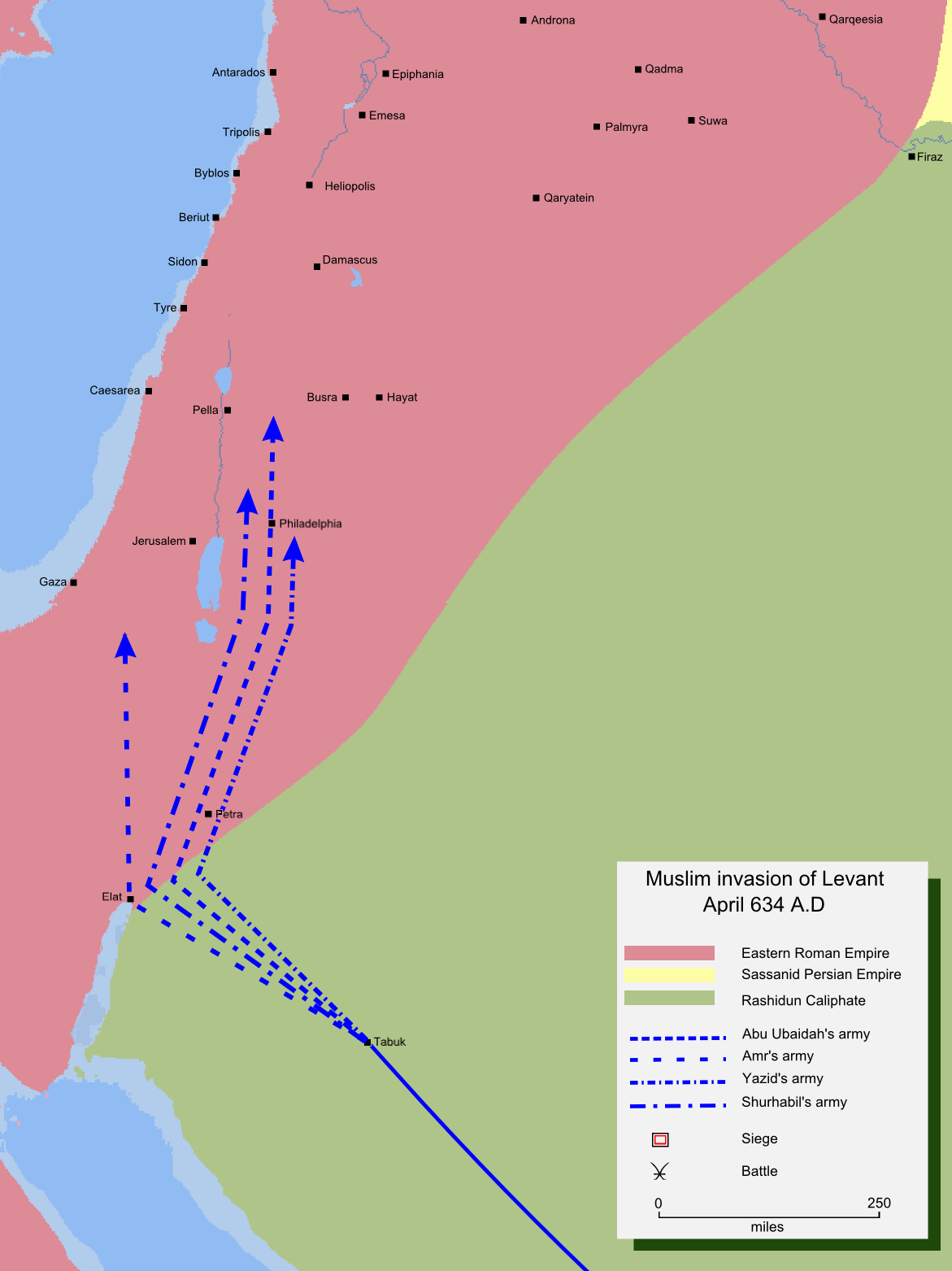Rashidun Caliphate's invasion of the Levant를 자세히 보여주는 지도