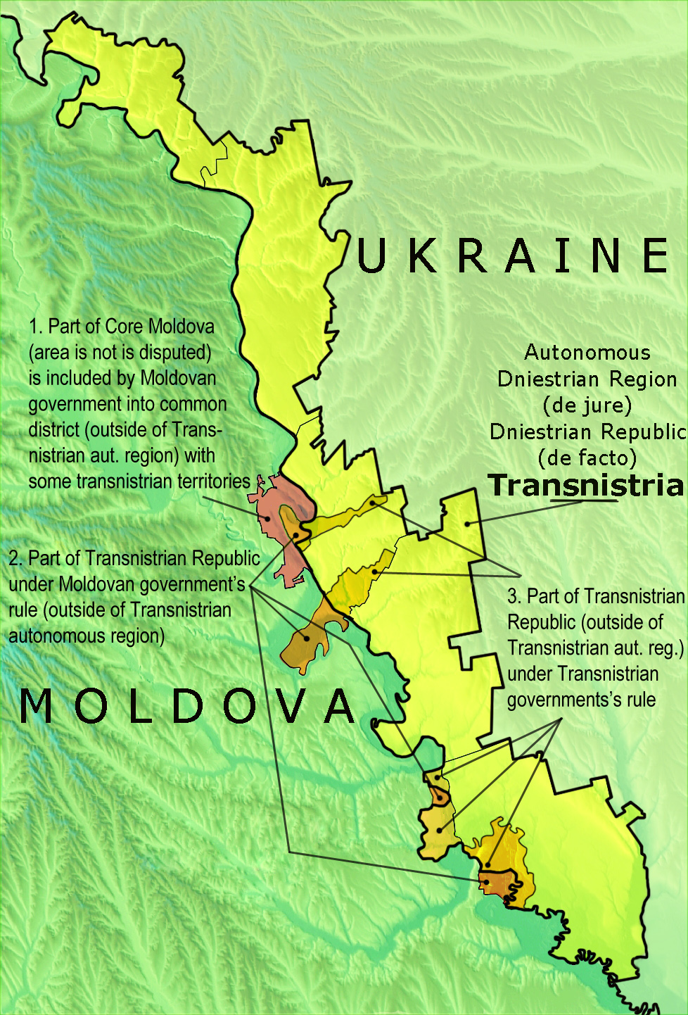 Peta politik Transnistria dengan perbedaan antara Republik Moldova Pridnestrovia de facto dan Wilayah Otonom Dniester de jure