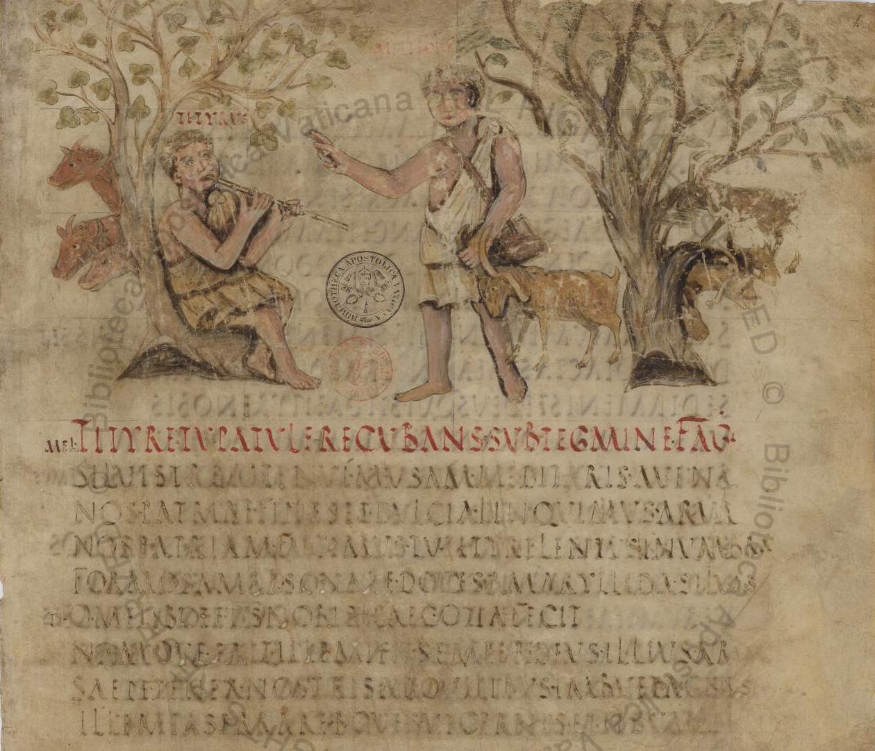Page from the beginning of the Eclogues in the 5th-century Vergilius Romanus