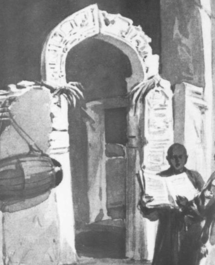 11세기 모스크의 장식띠가 티그라이의 욱로 키르코스 교회 내 아치로 재활용된 모습. 윌리엄 심프슨(William Simpson)의 1868년 석판화를 바탕으로 함.