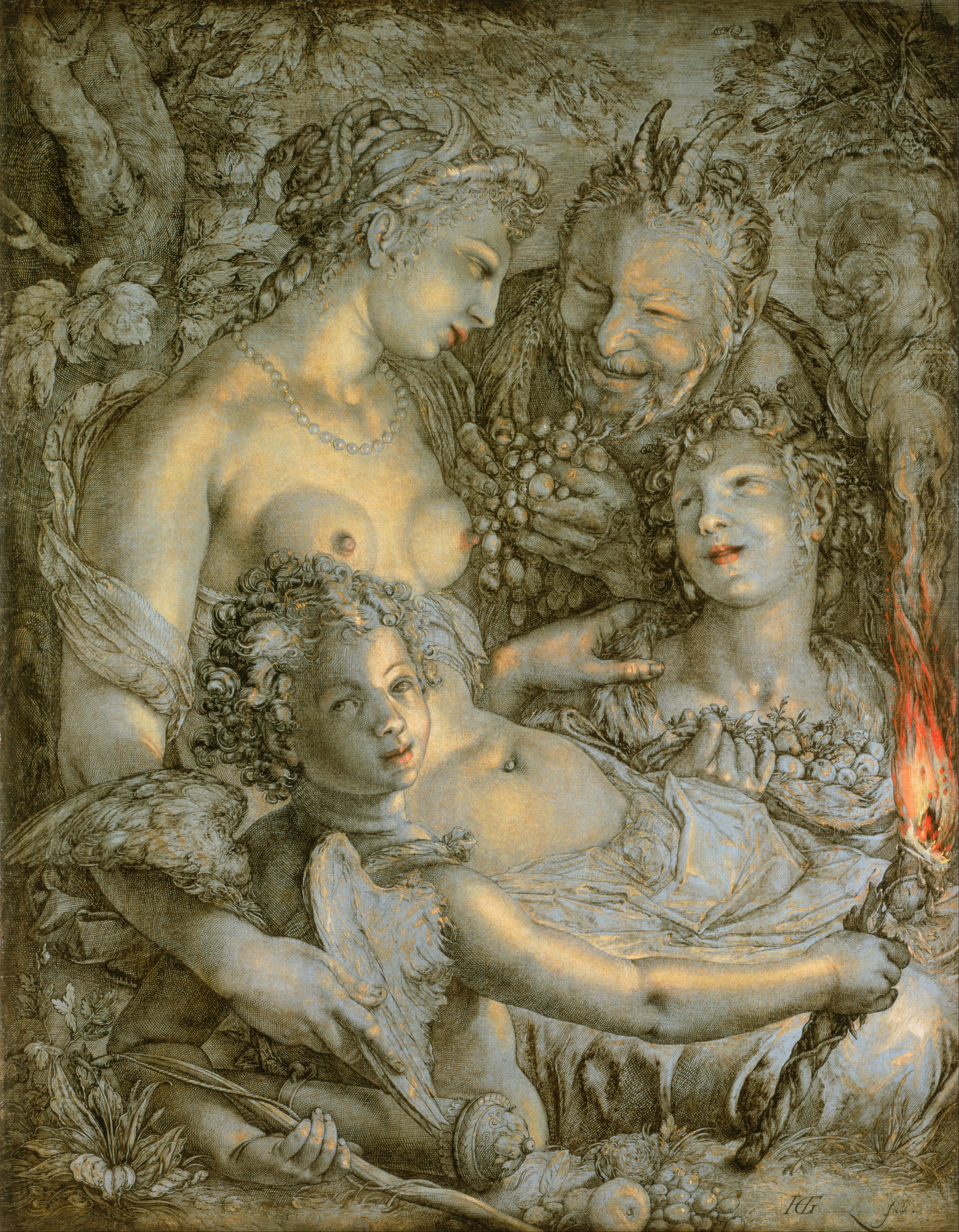 헨드릭 골치우스, 1600-1603, ''Sine Cerere et Libero friget Venus'' (세레스와 바쿠스 없이는 비너스가 얼어붙는다). 1600-1603년경, 잉크 채색 캔버스, 필라델피아 미술관