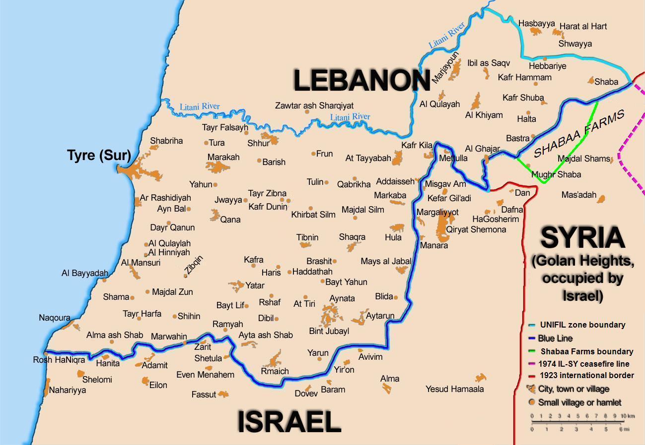 Peta yang menunjukkan garis demarkasi Garis Biru antara Lebanon dan Israel, yang ditetapkan oleh PBB setelah penarikan Israel dari Lebanon selatan pada tahun 1978.
