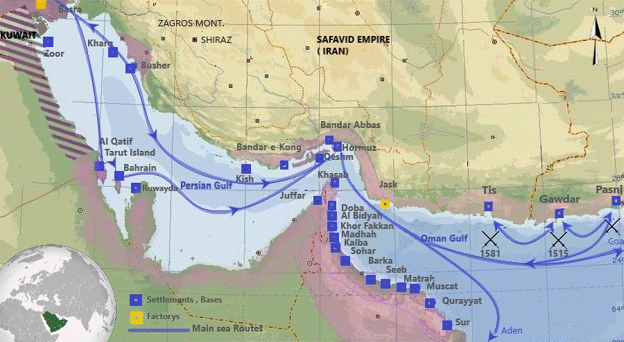 Ungu - Portugis di Teluk Persia pada abad ke-16 dan ke-17. Kota-kota utama, pelabuhan, dan rute.
