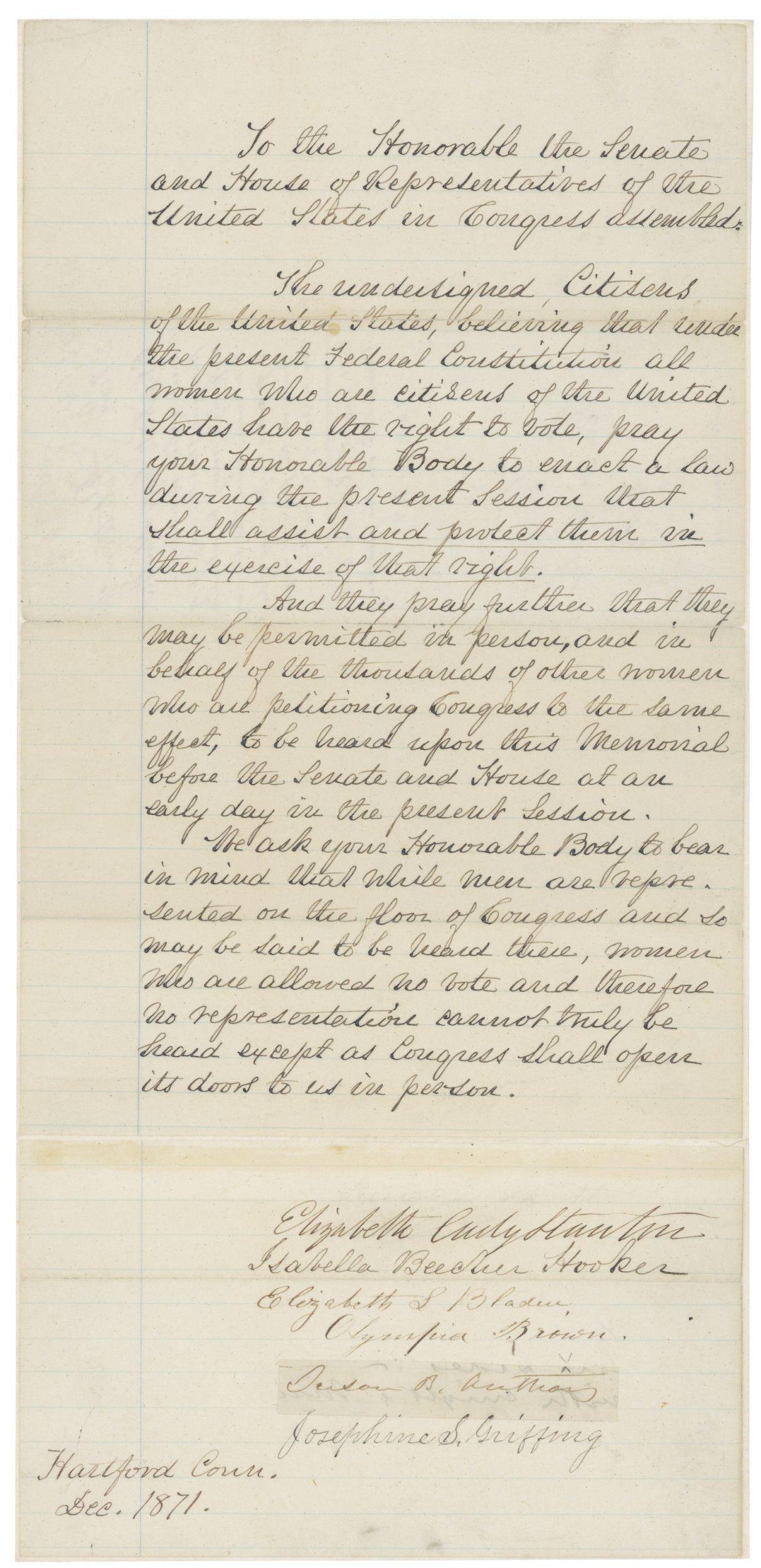Surat oleh Susan B. Anthony kepada Kongres AS menyokong Hak Pilih Wanita