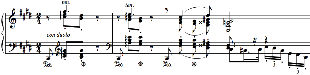 Dalam gerakan kedua, piano memainkan variasi melodi utama.