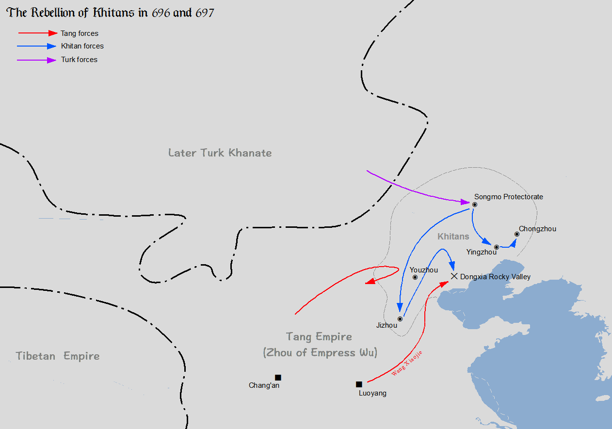 Map illustrating the Khitan Rebellion (696-697) against Wu Zetian's Zhou dynasty.