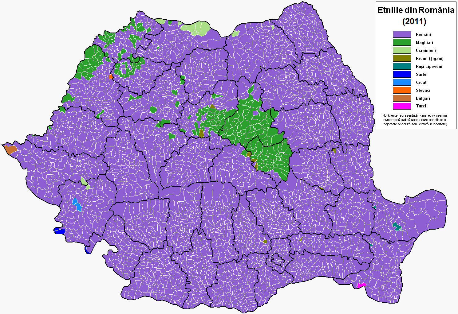 Ethnic map of Romania based on the 2011 census data, showing the distribution of major ethnic groups.