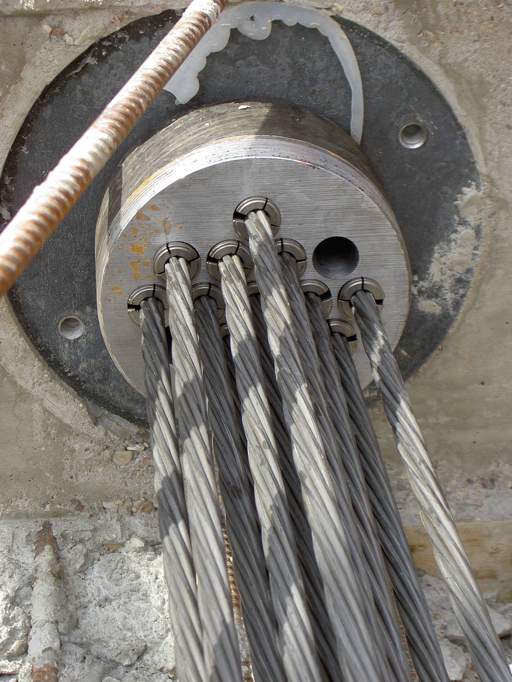 12개의 평행 케이블이 개별적으로 어셈블리에 고정되어 있습니다.