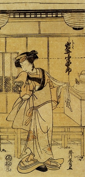 処女作のひとつとされる春朗時代の錦絵『四代目岩井半四郎 かしく』(1779年)。