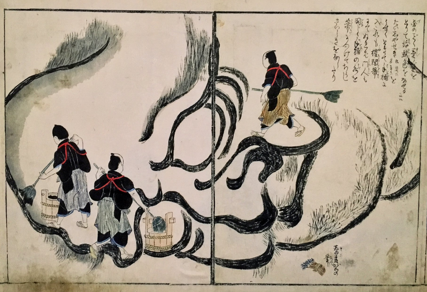 北斎が大達磨を描く様子(文化14年ごろ高力種信『北斎大画即書細図』に描かれたもの)。