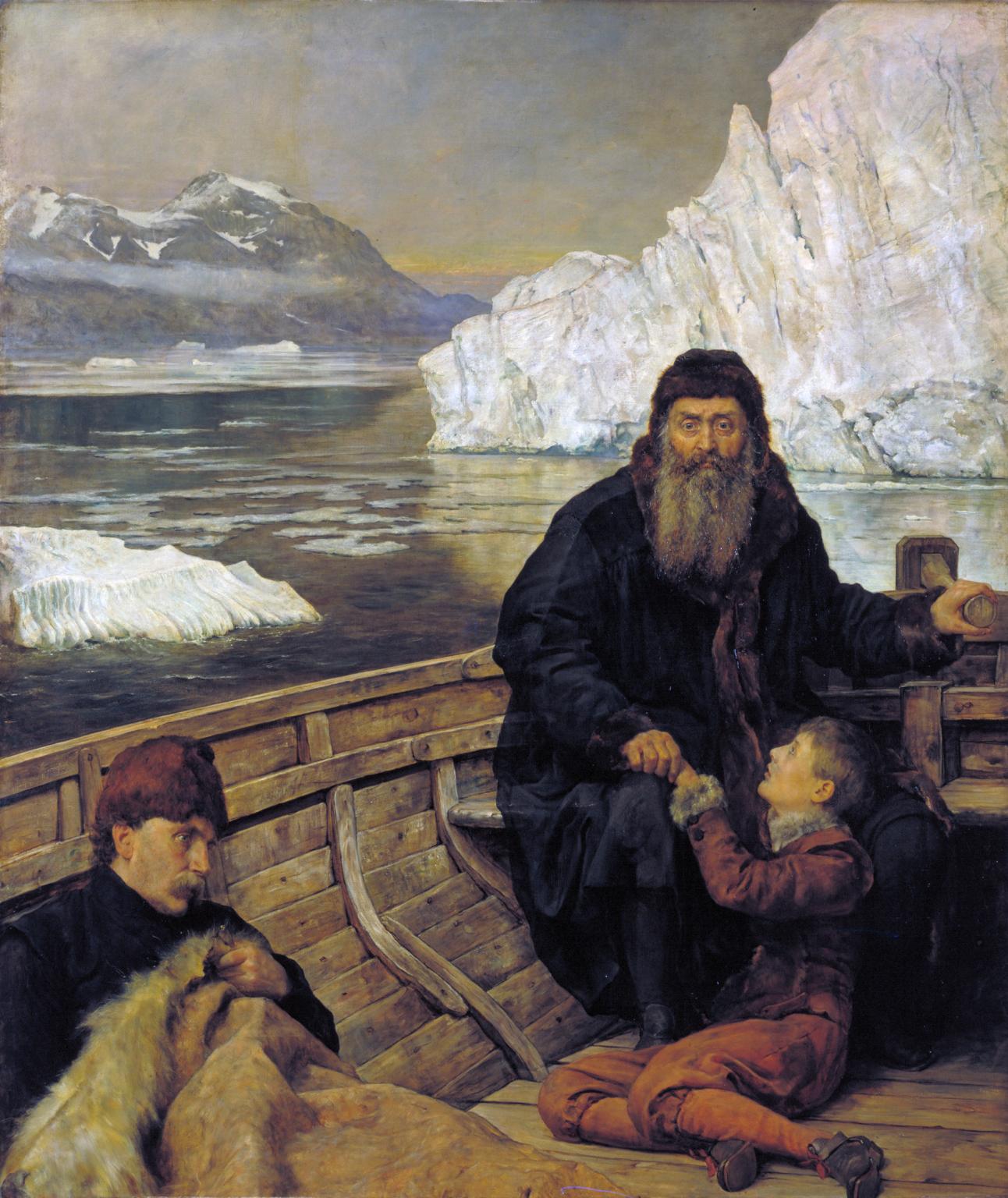 존 콜리어(John Collier)의 1881년 작품, <i>헨리 허드슨의 마지막 항해</i>(The Last Voyage of Henry Hudson). 허드슨, 그의 아들, 그리고 충성스러운 선원들이 표류하는 모습을 묘사하고 있다.