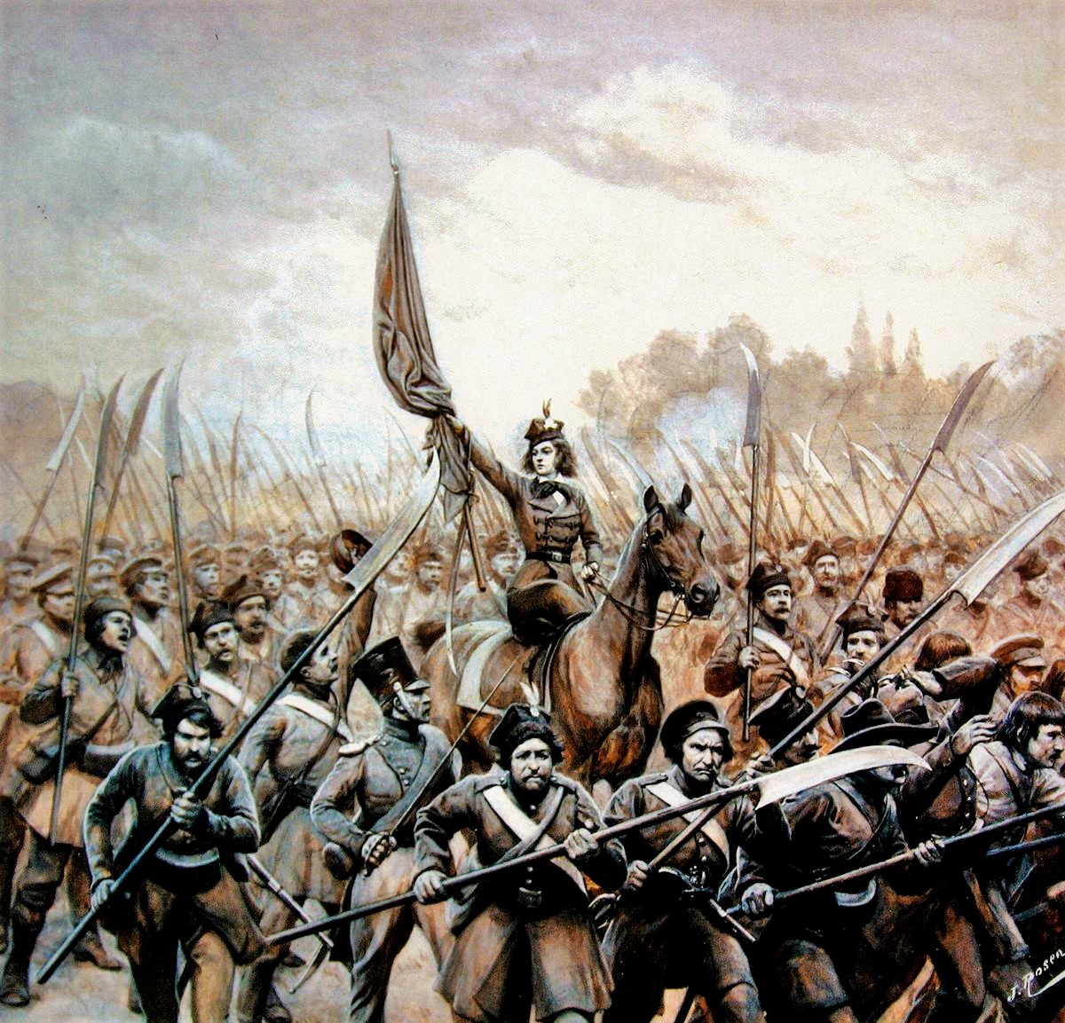 Emilia Plater leading peasant scythemen during the 1831 November Uprising against the Russian Empire. Plater became a symbol of resistance and is often nicknamed a Lithuanian Joan of Arc.