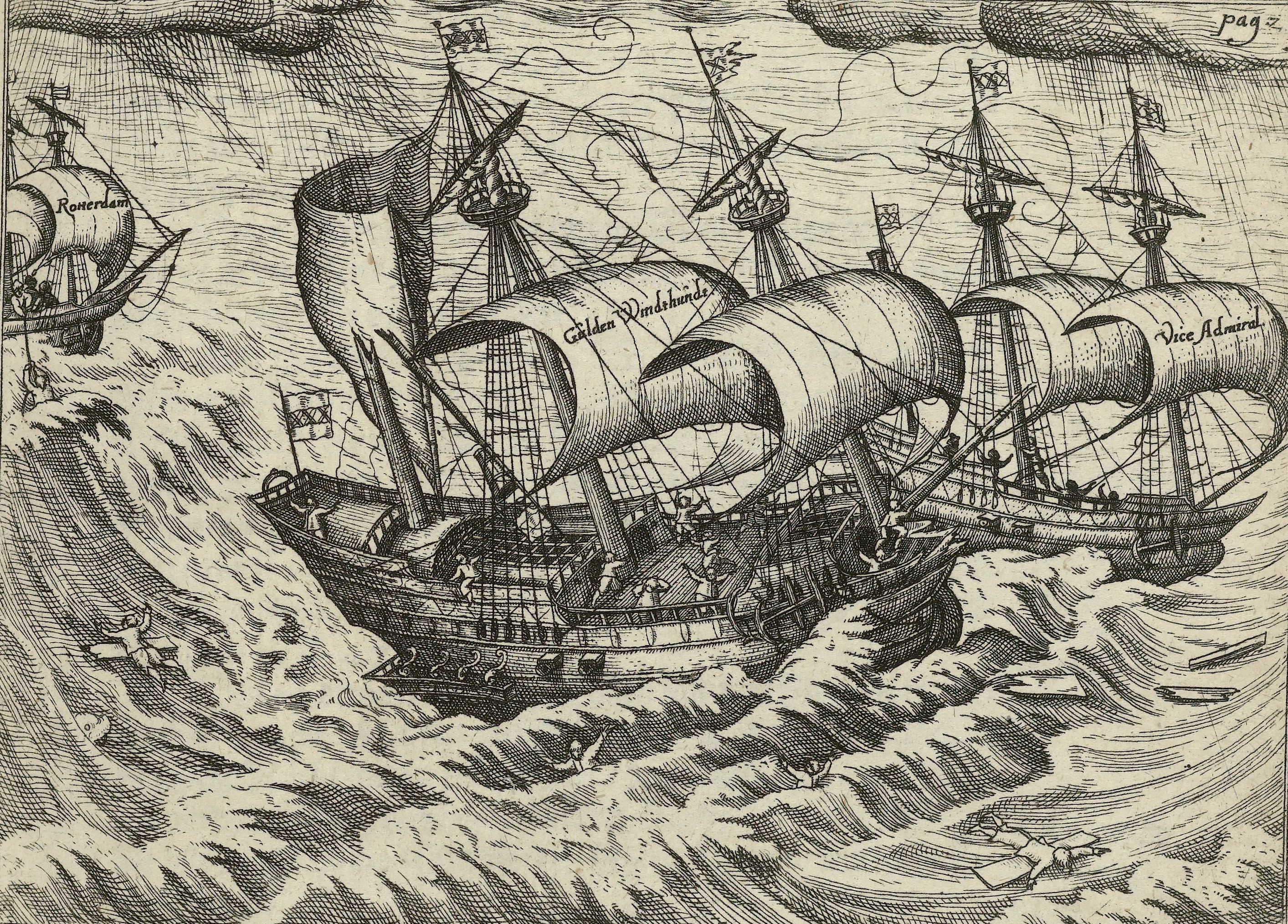 1595년 8월 6일, 바런츠의 기함 '휠던 빈트훈데'가 부제독의 배(린스호턴이 탑승)와 거의 충돌할 뻔한 장면