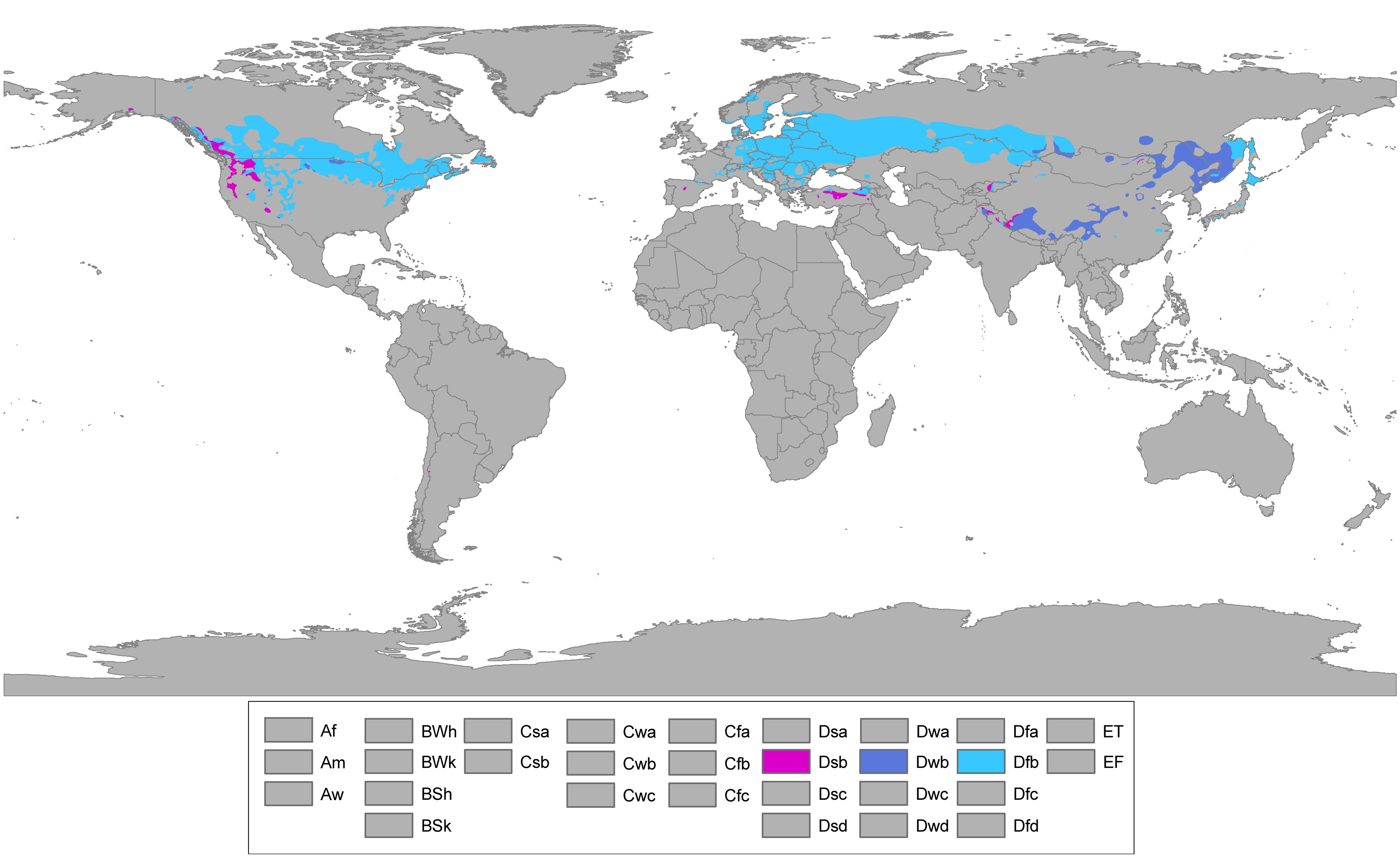 Map showing humid continental climate (warm summer subtype, Dfb) areas in blue.
